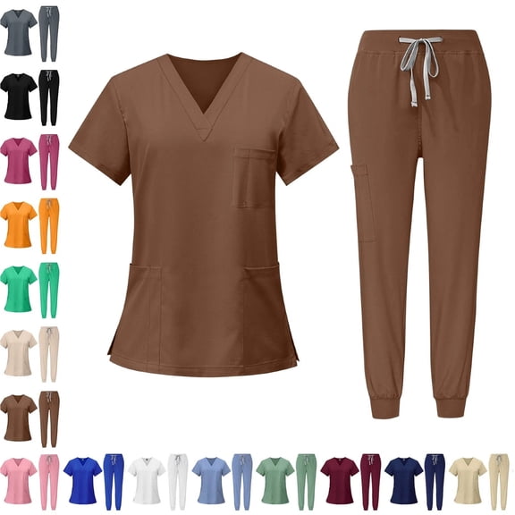Scrubs for Women Set,Soft Mock Collar Scrub Top & Jogger Scrub Pant,multi Pockets,Relaxed Fit Stretch Nurse Uniform Sets Brown M