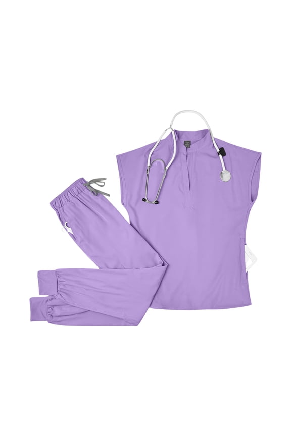Scrubs for Women Set – Soft Stretch Sleeveless Stand Collar Top with Multiple Pockets & Comfortable Jogger Pants Light Purple S