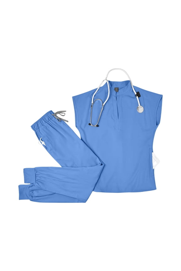 Scrubs for Women Set – Soft Stretch Sleeveless Stand Collar Top with Multiple Pockets & Comfortable Jogger Pants Sky Blue S