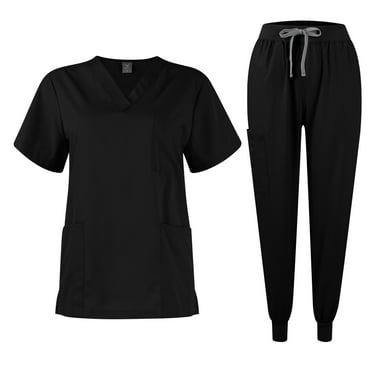 Scrubs for Women Set Solid Color V-Neck Short Sleeve Nurse Uniform Pants with Pocket Black L