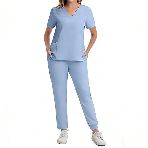 Scrubs for Women Set Solid Medical Uniform Stretch V-Neck Scrub Top & Jogger Pant with Pockets Blue S