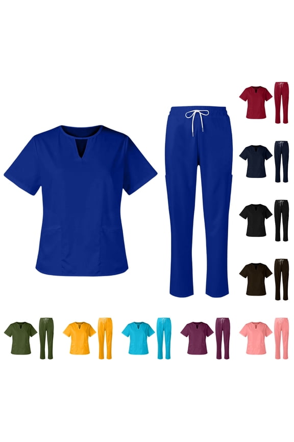Scrubs for Women Set Stretch Fit Scrub Top & Jogger Crew-Neck 2026 Pants Medical Nurse Uniforms Set Multi Pocket Blue S