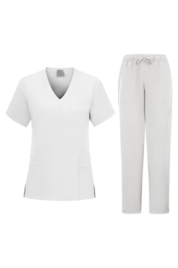 Scrubs for Women Set Stretch Fit Scrub Top & Jogger V-Neck 2025 Pants Medical Nurse Uniforms Set Multi Pocket White M