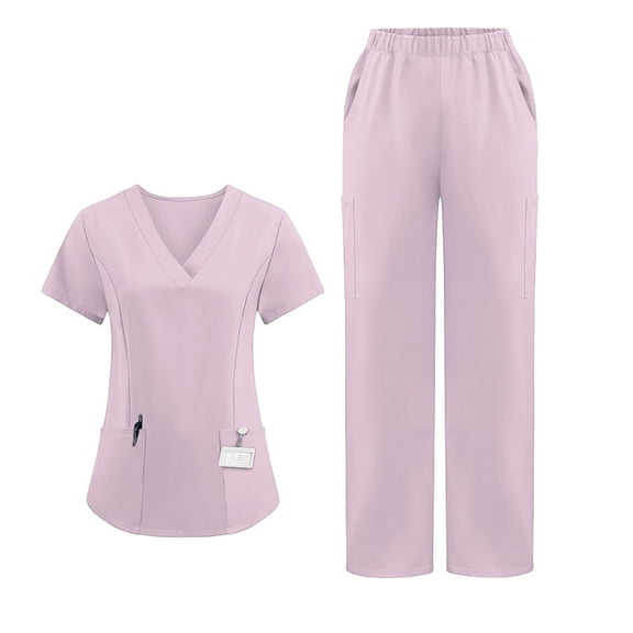 Scrubs for Women Set Stretch Fit Scrub Top & Jogger V-Neck Pants Medical Nurse Uniforms Set Multi Pocket 2025 Light pink L