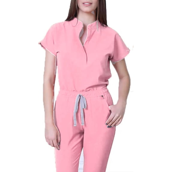 Scrubs for Women Set Stretch Nursing Uniforms V Neck Scrub Tops and Cargo Pants Quick Drying Solid Medical Scrubs (Pink,M)