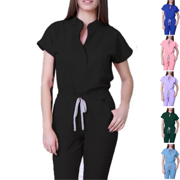 Scrubs for Women Set Stretch Nursing Uniforms V Neck Scrub Tops and Cargo Pants with Drawstring Quick Drying Medical Scrubs