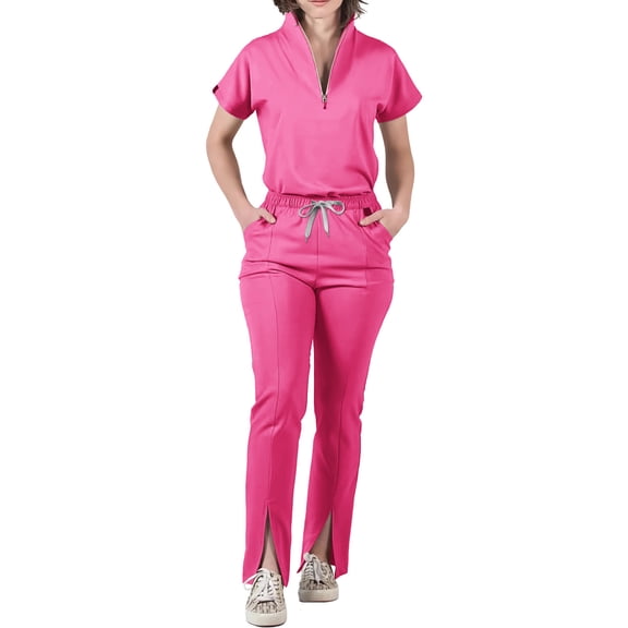 Scrubs for Women Set Stretch Scrub Tops & Cargo Pant Quick Drying Solid Color Medical Uniform with Pockets Hot Pink S