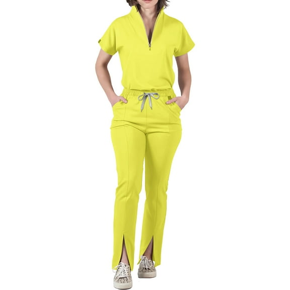 Scrubs for Women Set Stretch Scrub Tops & Cargo Pant Quick Drying Solid Color Medical Uniform with Pockets Yellow L
