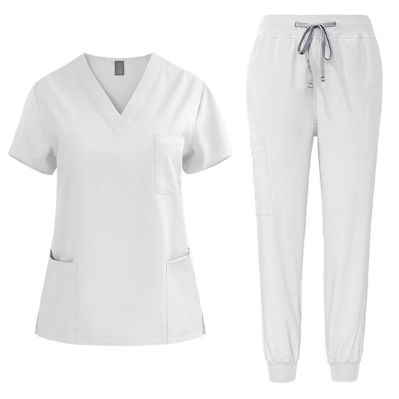 Scrubs for Women Set - Stretch Short Sleeve V-Neck Tops & Jogger Pant with Pockets - Stretchy Comfortable Nursing Uniform Outfits White XL