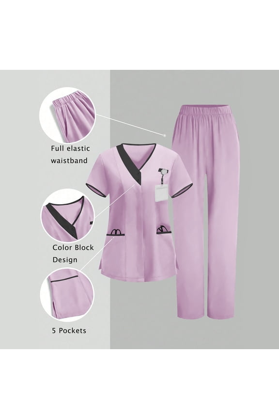 Scrubs for Women Set - Stretch Short Sleeve V-Neck Tops & Loose Pant with Pockets - Comfortable Nursing Uniform Outfits 3XL