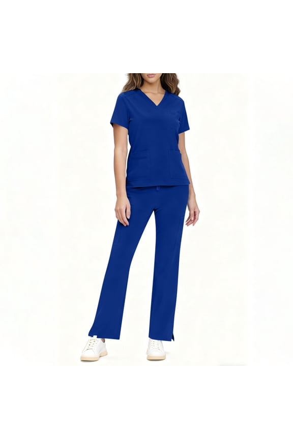 Scrubs for Women Set - Stretch Short Sleeve V-Neck Tops & Loose Pant with Pockets - Comfortable Nursing Uniform Outfits Blue S