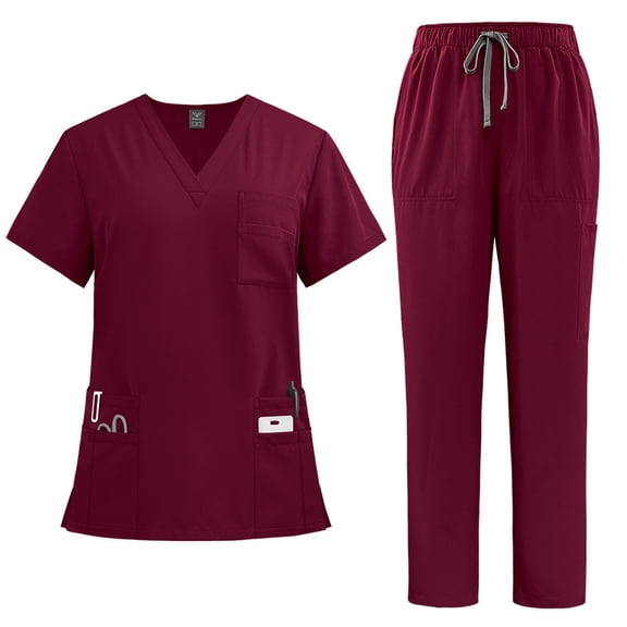 Scrubs for Women Set - Stretch Top & Cargo Pants with Multi Pocket for Nurse Burgundy XXL
