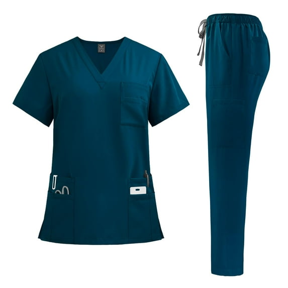 Scrubs for Women Set - Stretch Top & Cargo Pants with Multi Pocket for Nurse Caribbean Blue L