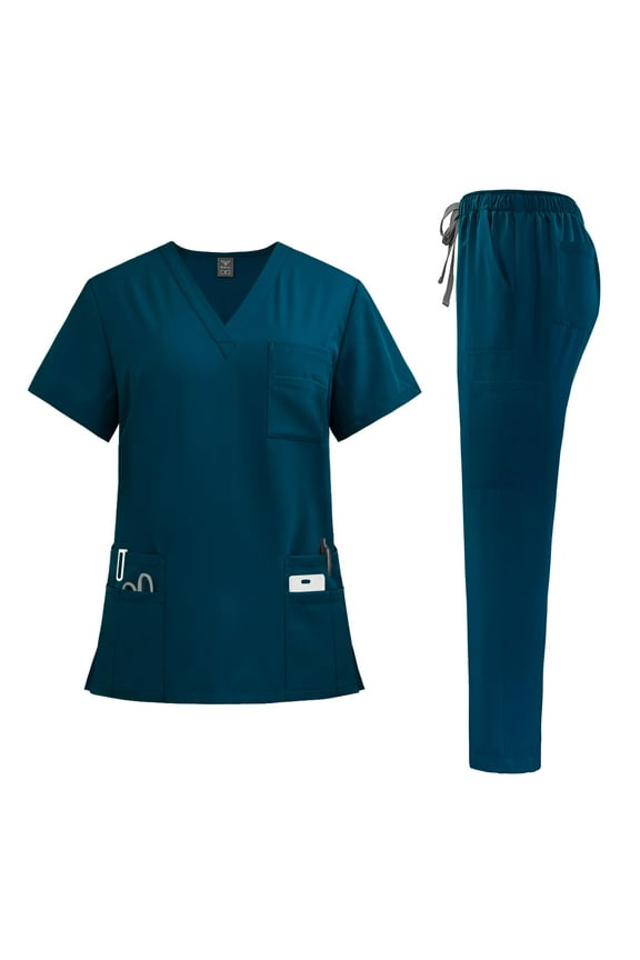 Scrubs for Women Set - Stretch Top & Cargo Pants with Multi Pocket for Nurse Caribbean Blue S
