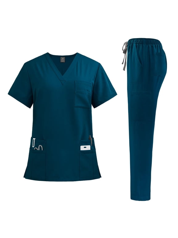 Scrubs for Women Set - Stretch Top & Cargo Pants with Multi Pocket for Nurse Caribbean Blue XL