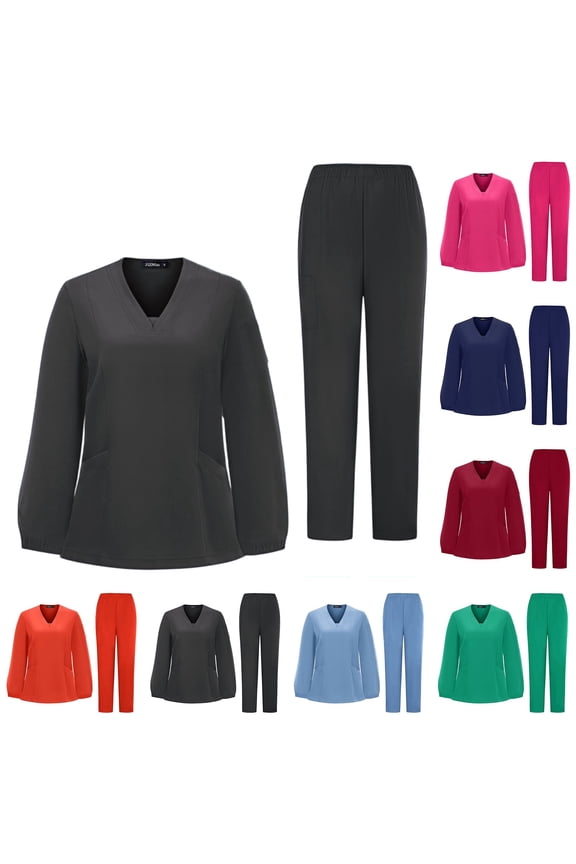 Scrubs for Women Set - Stretch V-Neck Long Sleeve Scrub Top & Straight Leg Pant with Multi Pockets, #02 Black, S
