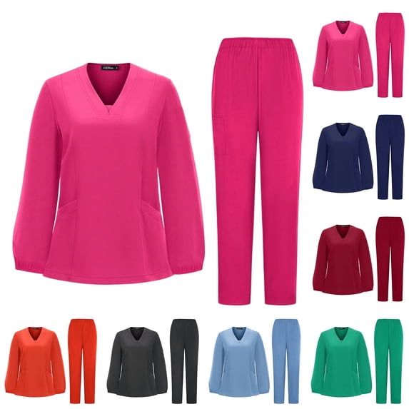 Scrubs for Women Set - Stretch V-Neck Long Sleeve Scrub Top & Straight Leg Pant with Multi Pockets, #02 Hot Pink, L