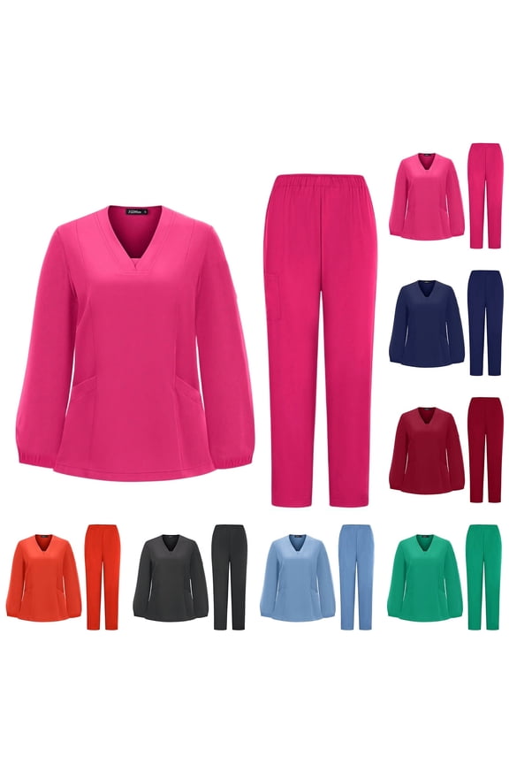 Scrubs for Women Set - Stretch V-Neck Long Sleeve Scrub Top & Straight Leg Pant with Multi Pockets, #02 Hot Pink, S
