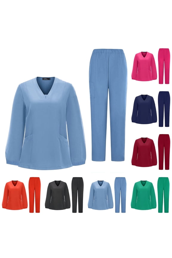 Scrubs for Women Set - Stretch V-Neck Long Sleeve Scrub Top & Straight Leg Pant with Multi Pockets, #02 Light Blue, M