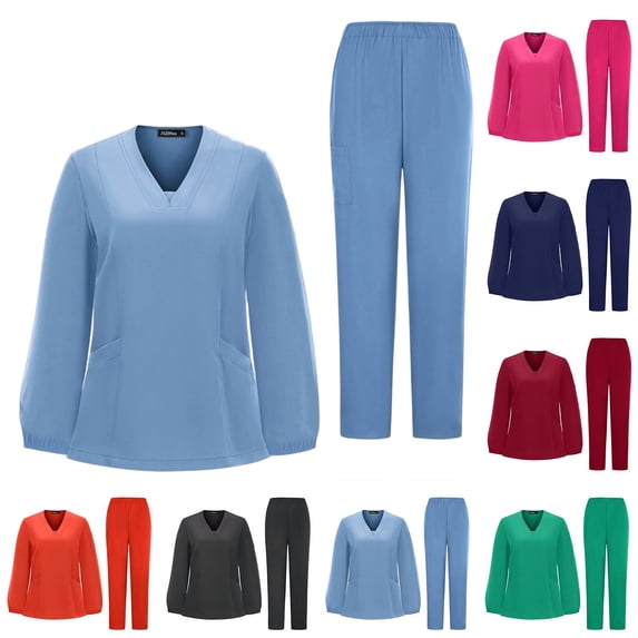 Scrubs for Women Set - Stretch V-Neck Long Sleeve Scrub Top & Straight Leg Pant with Multi Pockets, #02 Light Blue, M