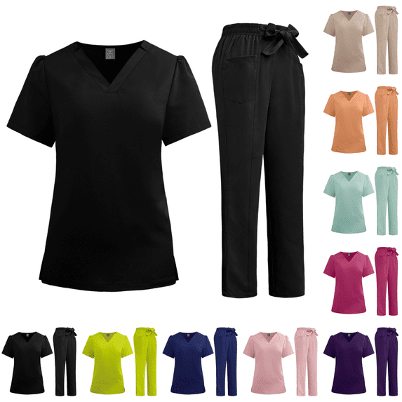 Scrubs for Women Set Stretch V-Neck Scrub Top & Cargo Pant Medical Uniform Nurse Sets with Pockets Black 2XL