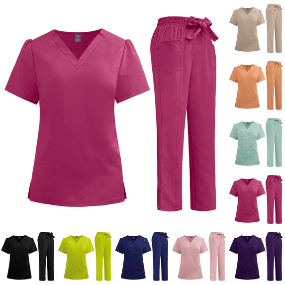 Scrubs for Women Set Stretch V-Neck Scrub Top & Cargo Pant Medical Uniform Nurse Sets with Pockets Hot Pink S