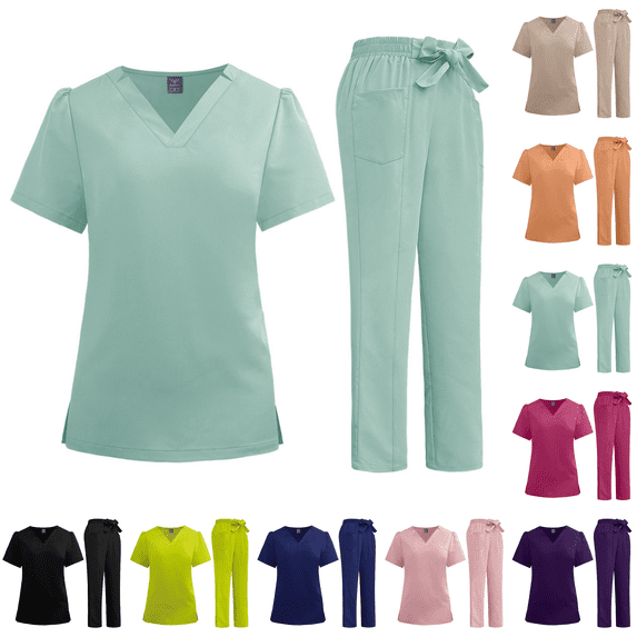 Scrubs for Women Set Stretch V-Neck Scrub Top & Cargo Pant Medical Uniform Nurse Sets with Pockets Mint Green L