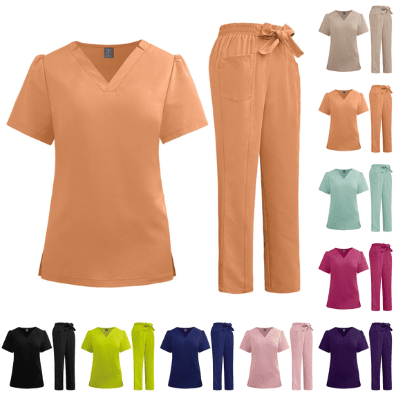 Scrubs for Women Set Stretch V-Neck Scrub Top & Cargo Pant Medical Uniform Nurse Sets with Pockets Orange 2XL