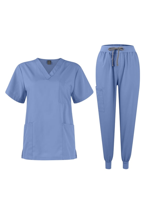 Scrubs for Women Set Stretch V-Neck Scrub Top & Jogger Pant Medical Uniform Scrub Sets for Woman with Pockets Light Blue XL