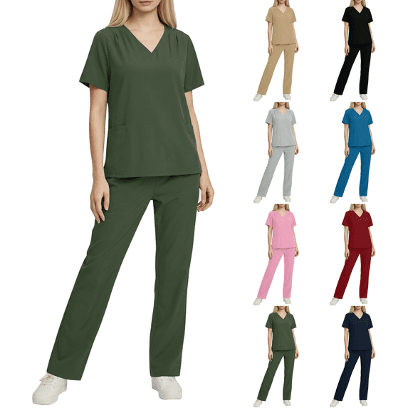 Scrubs for Women Set Stretch V-Neck Scrub Top & Jogger Pant Medical Uniform Scrub Sets with Pockets Army Green XL