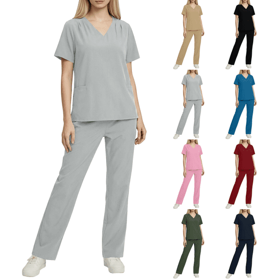Scrubs for Women Set Stretch V-Neck Scrub Top & Jogger Pant Medical Uniform Scrub Sets with Pockets Light Grey S
