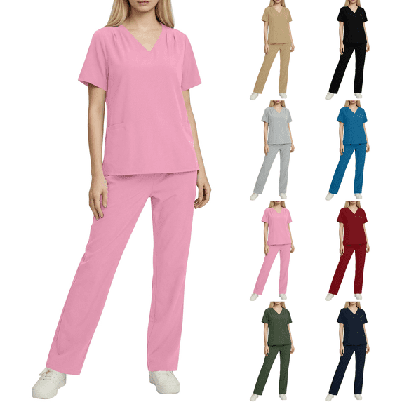 Scrubs for Women Set Stretch V-Neck Scrub Top & Jogger Pant Medical Uniform Scrub Sets with Pockets Pink S