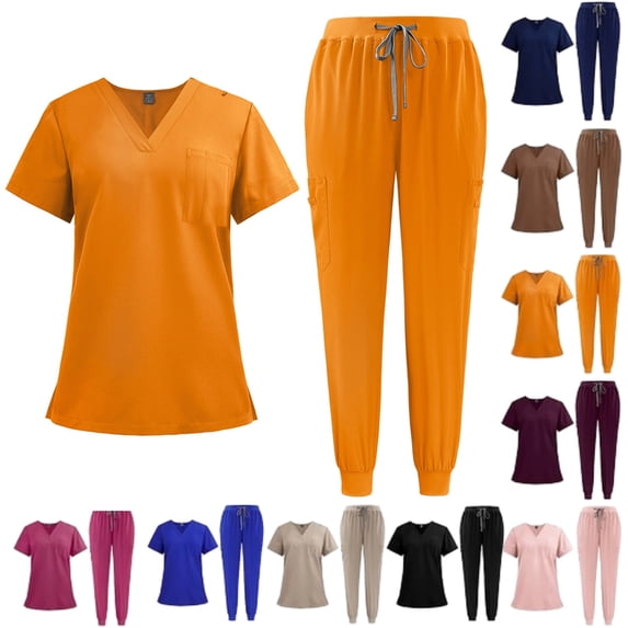 Scrubs for Women Set Stretch V-Neck Scrub Top & Jogger Pant Workwear Uniform Scrub Sets For Woman with Pockets,Orange L