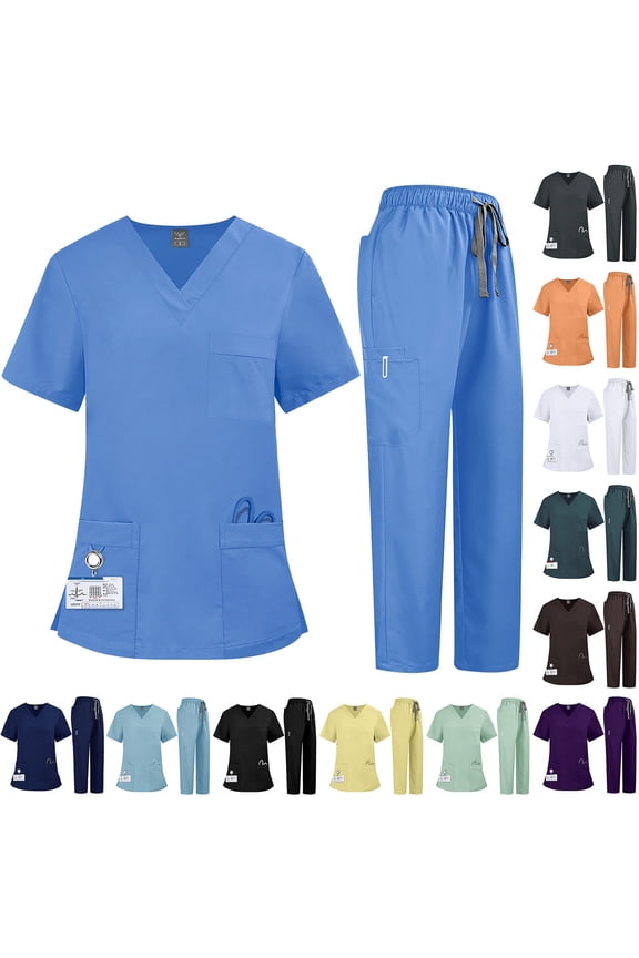 Scrubs for Women Set Stretch V-Neck Scrub Tops & Cargo Pant Quick Drying Solid Color Medical Nurse Uniform with Pockets Mint Green S