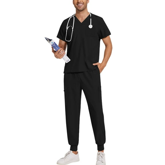 Scrubs for Women Set Stretch V-Neck Scrub Tops & Cargo Pant Quick Drying Solid Medical Nurse Uniform with Pockets Black XXL