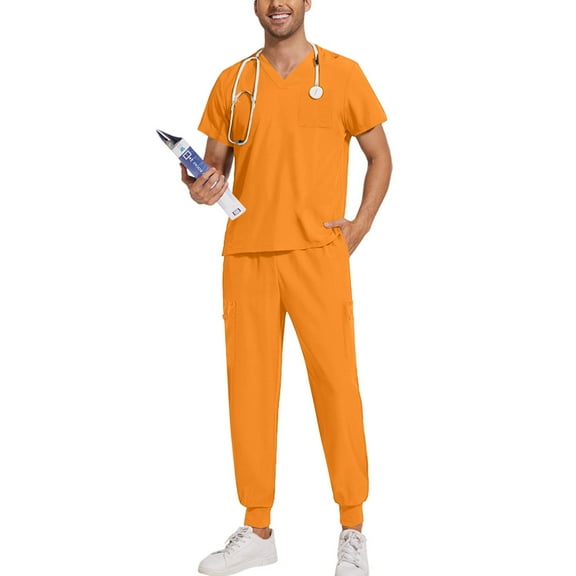 Scrubs for Women Set Stretch V-Neck Scrub Tops & Cargo Pant Quick Drying Solid Medical Nurse Uniform with Pockets Orange XXL
