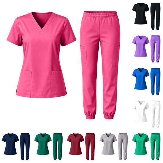 Scrubs for Women Set Stretch V-Neck Scrub Tops Jogger Pant Nursing Uniforms Scrubs Sets Breathable Casual Outfits Hot Pink S