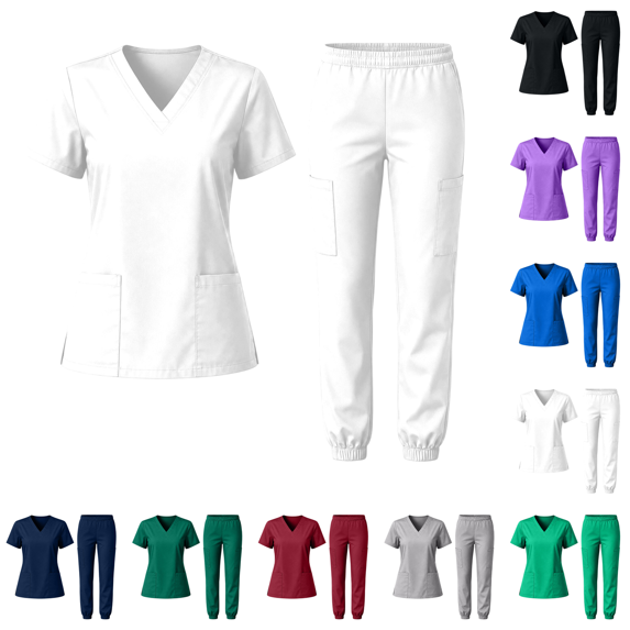 Scrubs for Women Set Stretch V-Neck Scrub Tops Jogger Pant Nursing Uniforms Scrubs Sets Breathable Casual Outfits White L