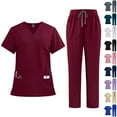 thumbnail image 1 of Scrubs for Women Set Stretch V-Neck Scrub Tops & Long Pant Quick Drying Solid Color Medical Nurse Uniform with Pockets Dark Blue L, 1 of 3