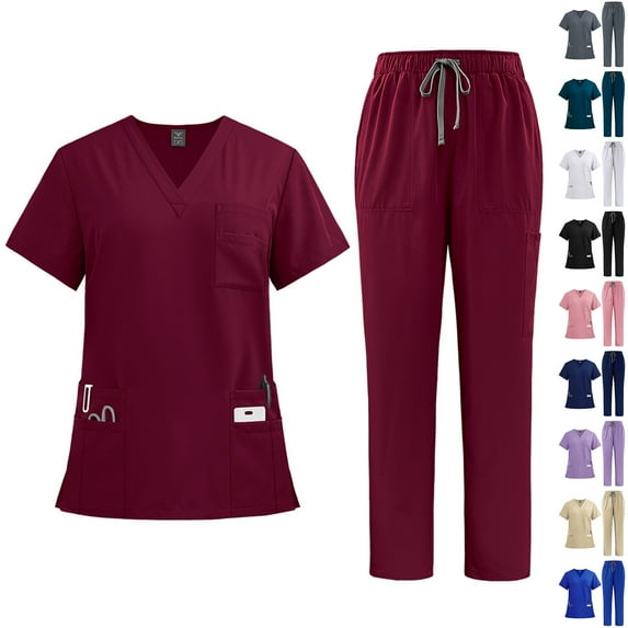 Scrubs for Women Set Stretch V-Neck Scrub Tops & Long Pant Quick Drying Solid Color Medical Nurse Uniform with Pockets Dark Blue L