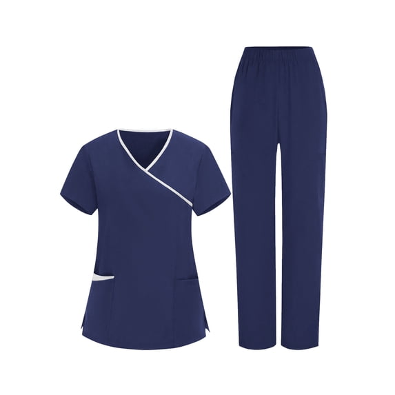 Scrubs for Women Set Stretch V-Neck Scrub Tops & Straight Pant Anti-Wrinkle Solid Medical Nurse Uniform with Pockets