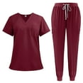 thumbnail image 1 of Scrubs for Women Set Stretch V-Neck Scrub Tops with Pockets & Cargo Pant Quick Drying Solid Nurse Work Uniform Wine M, 1 of 2