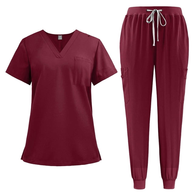 Scrubs for Women Set Stretch V-Neck Scrub Tops with Pockets & Cargo Pant Quick Drying Solid Nurse Work Uniform Wine M