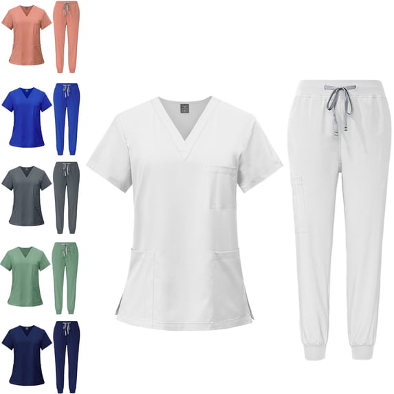 Scrubs for Women Set Stretch V-Neck Short Sleeved Top & Jogger Pants with Drawstring Medical Nursing Uniforms Set with Pockets
