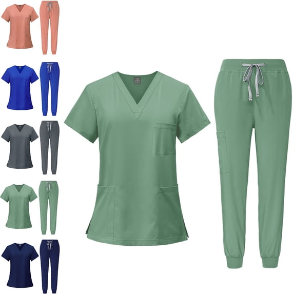 Scrubs for Women Set Stretch V-Neck Short Sleeved Top & Jogger Pants with Drawstring Medical Nursing Uniforms Set with Pockets