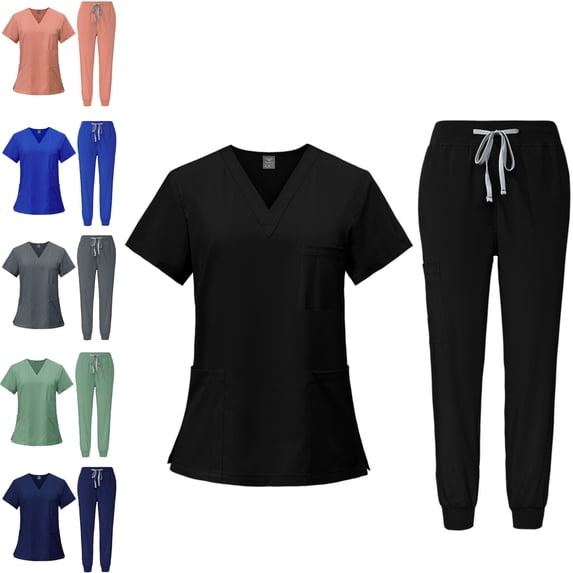 Scrubs for Women Set Stretch V-Neck Short Sleeved Top & Jogger Pants with Drawstring Medical Nursing Uniforms Set with Pockets