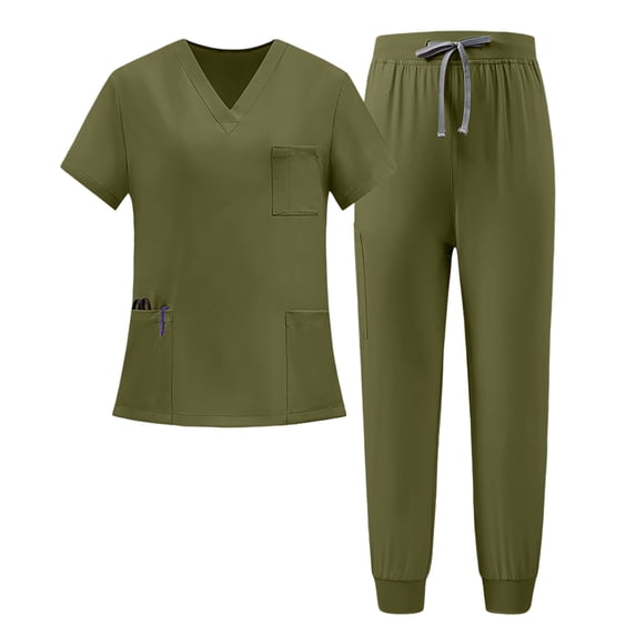 Scrubs for Women Set Stretch V-Neck Top & Jogger Pants with Drawstring Medical Nursing Uniforms Set with Pockets Army Green M