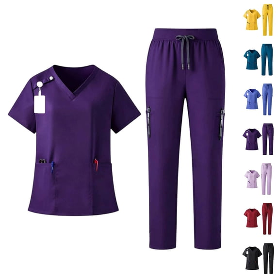 Scrubs for Women Set Stretch V-Neck Top & Jogger Pants with Drawstring Medical Nursing Uniforms Set with Pockets Dark Purple M