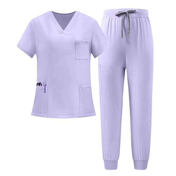 Scrubs for Women Set Stretch V-Neck Top & Jogger Pants with Drawstring Medical Nursing Uniforms Set with Pockets Purple S
