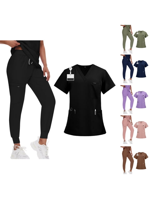Scrubs for Women Set Stretch V-Neck Top & Jogger Pants with Drawstring Medical Nursing Uniforms Set with Pockets